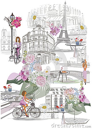 Set of Parisian symbols with the Eiffel tower, fashion girls and lettering Bonjour, fashion girls in hats, architectural elements. Vector Illustration